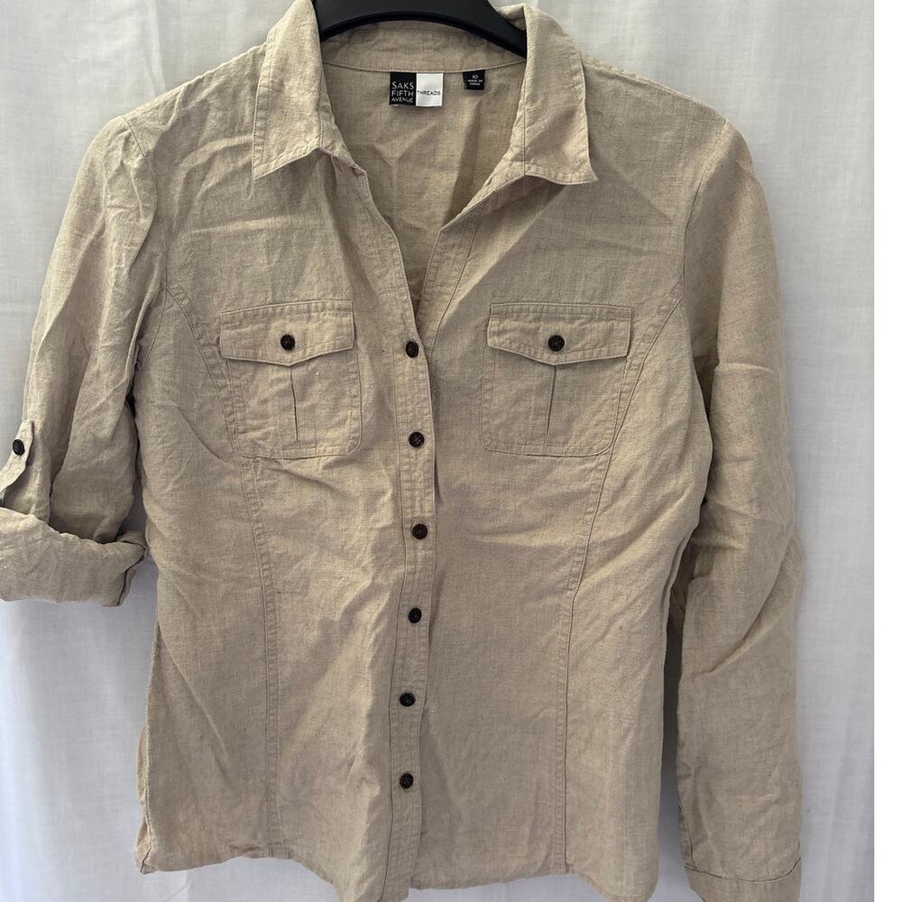 Saks Fifth Avenue Threads Beige Linen Utility Safari Button Down Shirt 10